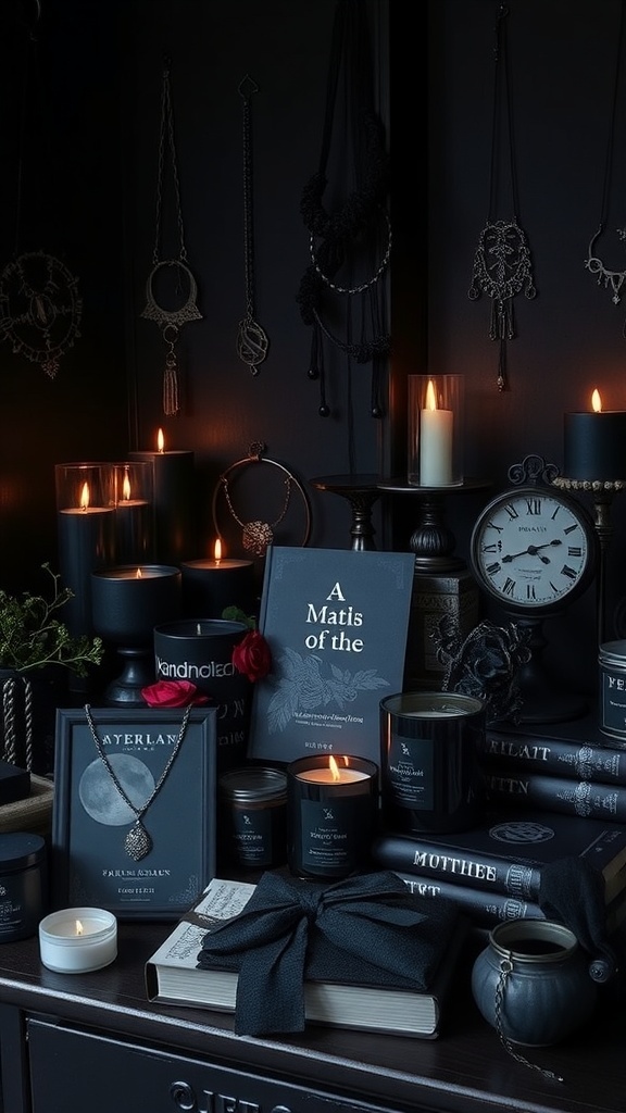 A collection of dark feminine Christmas gifts including jewelry, candles, and books in a moody setting.